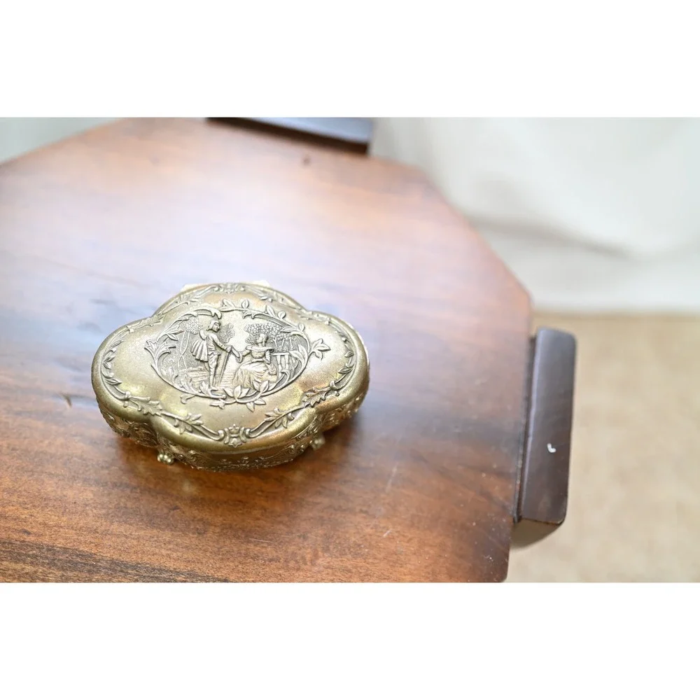 Vintage Metal Jewelry Box Red Velvet Lined Courting Couple Stamped Japan Gold